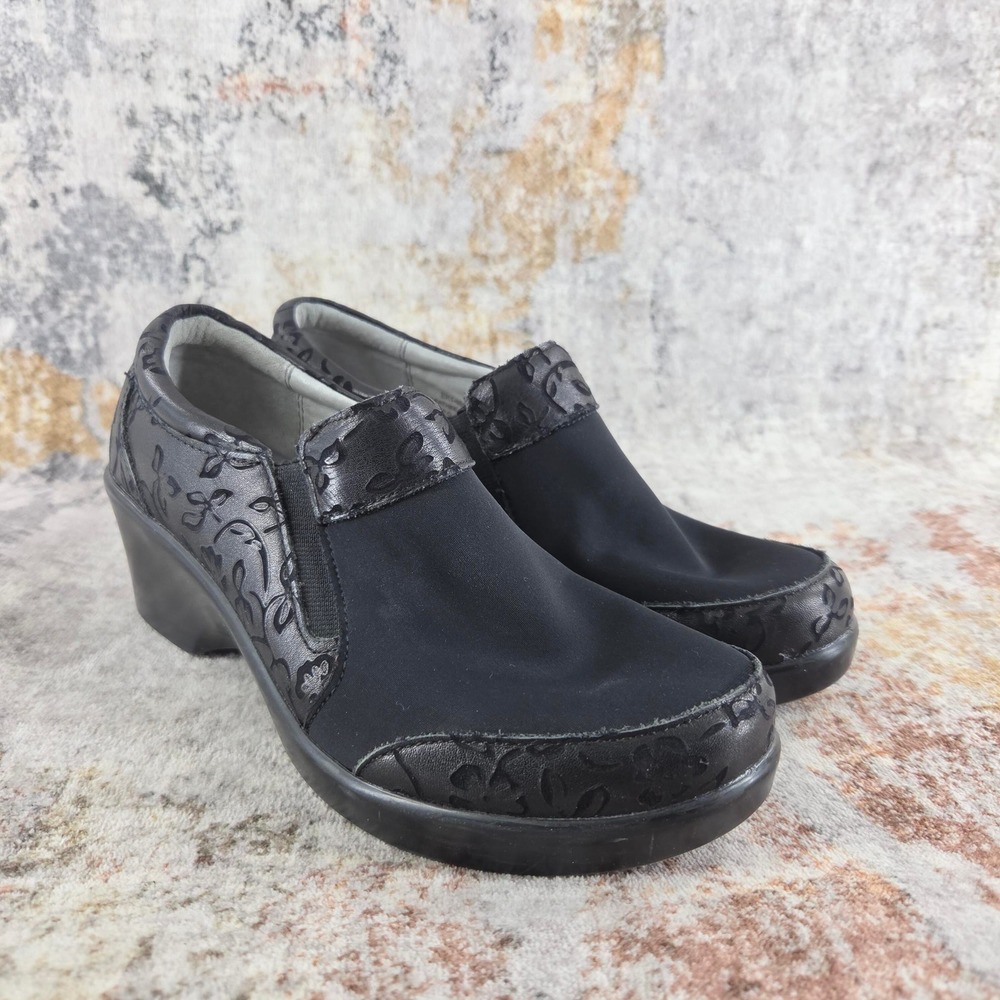 Alegria Eryn Slip On Clog Mules Shoes Womens EU38 Black Leather Floral Embossed